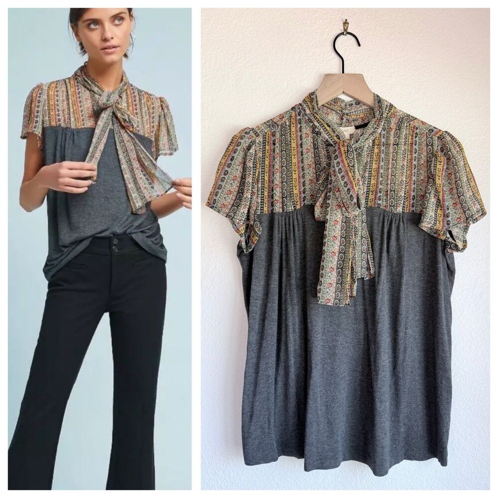 Anthropologie TINY Joy Tie Neck Mixed Media Boho Blouse Top Grey Patterned S